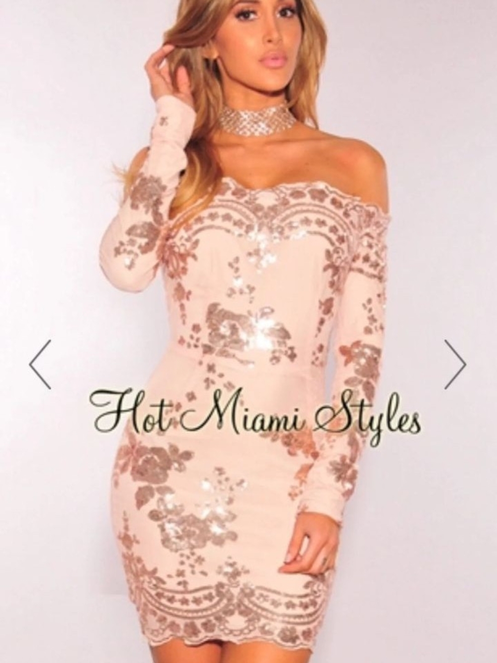 Hot Miami Styles Off-Shoulder Sequin Floral Long Sleeve Bodycon Dress S